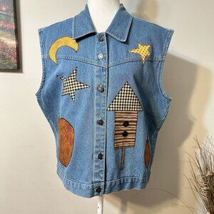 Vtg Haiks Women Denim Jean Vest Blue Embroidered Fall Pumpkin Birdhouse Sz XL